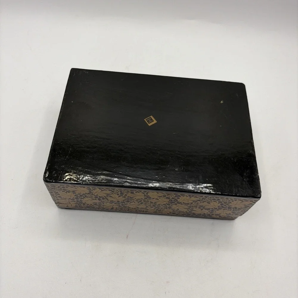 Vintage Indian Lacquer Jewelry Box 7x5 Blue Gold Floral Hinged Trinket Box